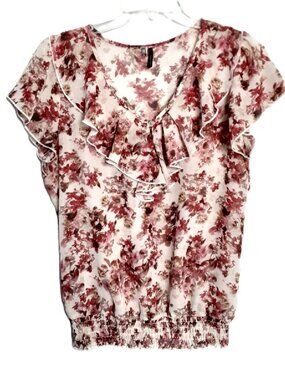 Maurices Blouse Sz XL Sheer Floral Ruffle V-Neck Short Sleeve Feminine Pullover